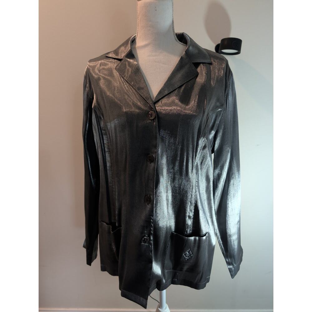 SAG HARBOR Silver Button-Up Shirt Sz 14 – Shiny Finish, Long Sleeve, Pocket Deta